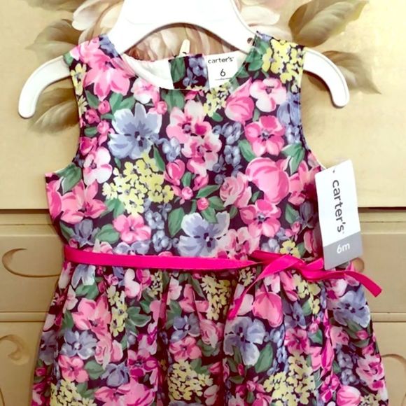 CARTERS Girls Dress Floral Sleeveless Taffeta Pink Size 6M Bow Original Price 40 - Picture 1 of 1
